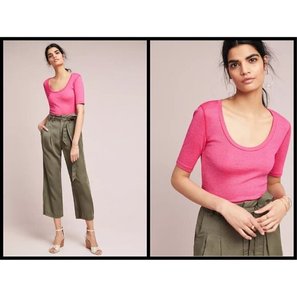 💕MICHAEL STARS for ANTHROPOLOGIE💕 Shine Scoop Neck Tee  ~ Pink Medium M NWOT - Picture 1 of 10